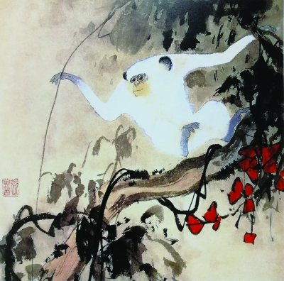 紅葉白猴(國(guó)畫) 34×34厘米 1960年 張其翼 天津美術(shù)學(xué)院藏
